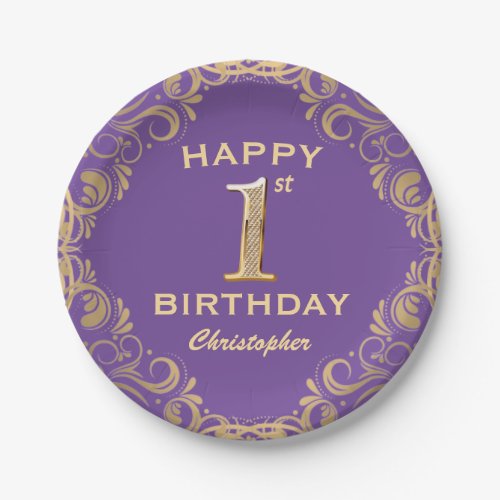 1st Birthday Party Purple and Gold Glitter Frame Paper Plates