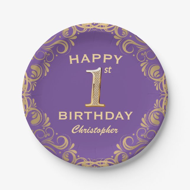 1st Birthday Party Purple and Gold Glitter Frame Paper Plates (Front)