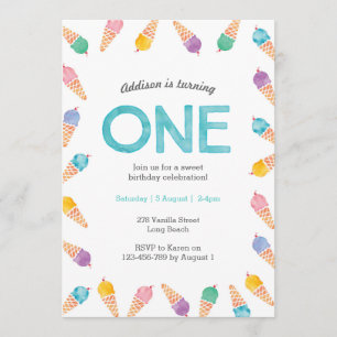 1st Birthday Party Rainbow Ice cream invitation