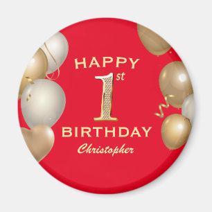 1st Birthday Party Red and Gold Balloons Magnet