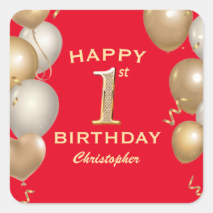 1st Birthday Party Red and Gold Balloons Square Sticker