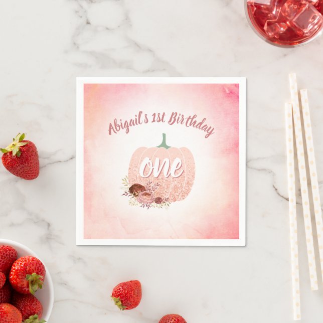 1st Birthday Party Rose Gold Glitter Pumpkin Napkins (Insitu)
