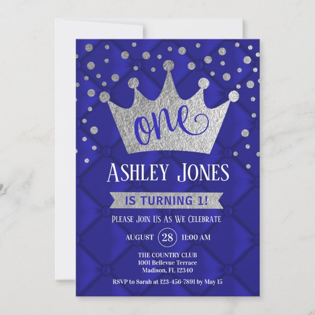 1st Birthday Party - Royal Blue Silver Invitation (Front)