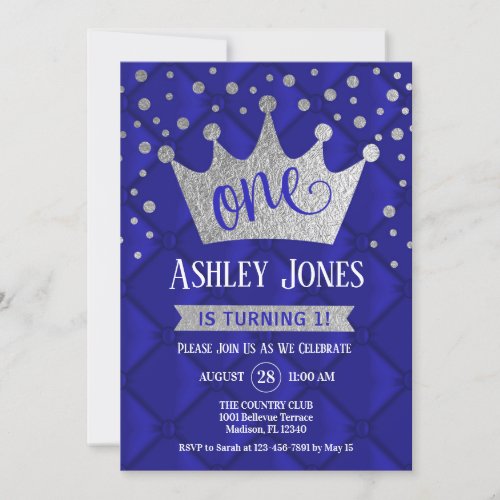 1st Birthday Party _ Royal Blue Silver Invitation