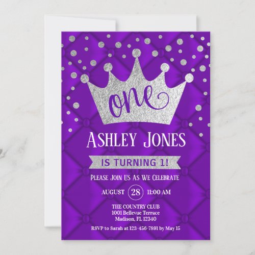 1st Birthday Party _ Royal Purple Silver Invitation