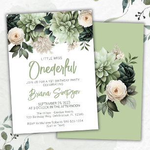 1st Birthday Party Sage Green Floral Invitation