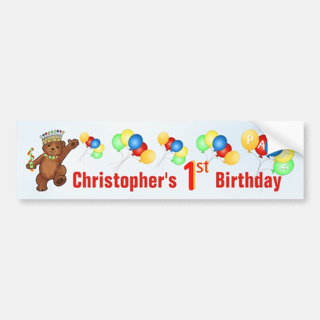 1st Birthday Party Teddy Bear Prince Bumper Sticker (Front)