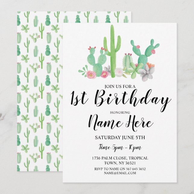 1st Birthday Party Watercolor Cactus Cacti One Invitation (Front/Back)