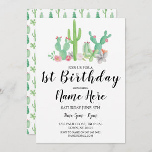 1st Birthday Party Watercolor Cactus Cacti One Invitation