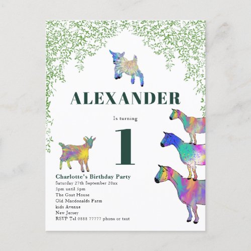 1st Birthday Party  Watercolor Goats and Greenery Invitation Postcard