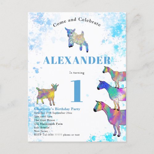 1st Birthday Party Watercolor Goats Invitation Postcard