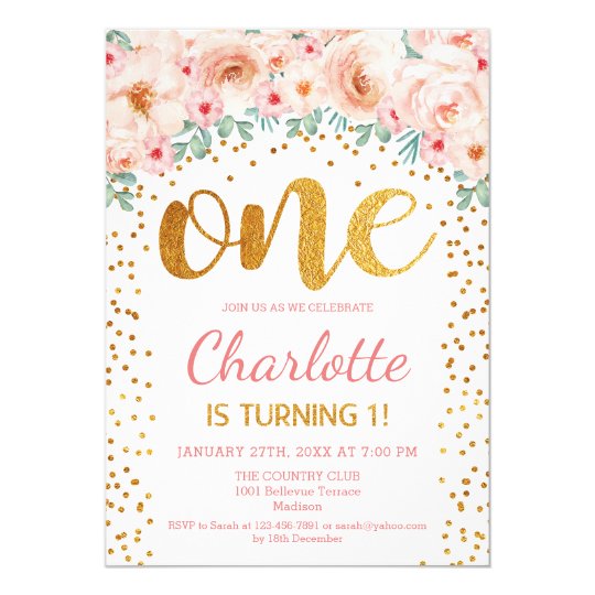 1st Birthday Party - White Gold Pink Invitation | Zazzle.com