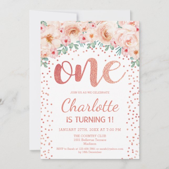 1st Birthday Party - White Rose Gold Invitation (Front)