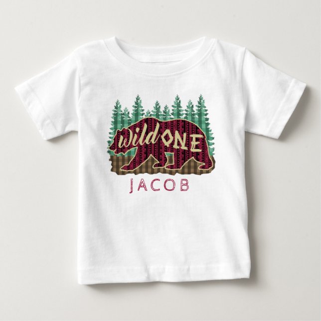 1st Birthday Party Wild One Bear Tribal Plaid Name Baby T-Shirt (Front)