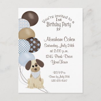 1st Birthday Party With Puppy & Balloons Invitation Postcard by mybabybundles at Zazzle