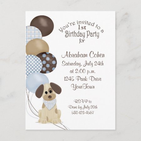 1st Birthday Party With Puppy & Balloons Invitation Postcard