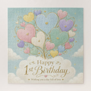 1st Birthday Pastel Heart Balloon Bouquet Jigsaw Puzzle