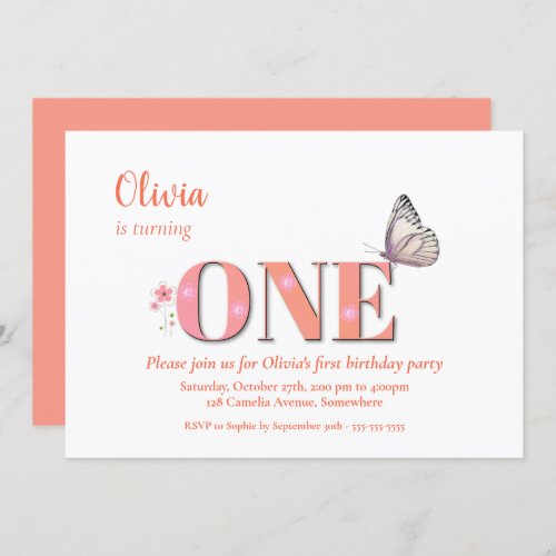 1st Birthday Peach Pink Flowers  Butterfly Party Invitation