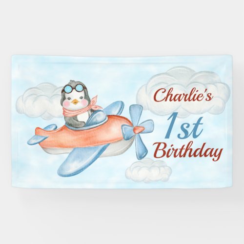 1st Birthday Penguin Airplane Blue Banner