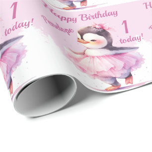 1st Birthday Penguin Ballerina Pink Wrapping Paper