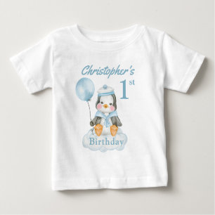 1st Birthday Penguin Blue Personalize Baby T-Shirt