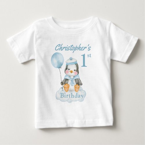1st Birthday Penguin Blue Personalize Baby T_Shirt