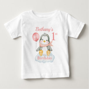 1st Birthday Penguin Pink Personalized Baby T-Shirt