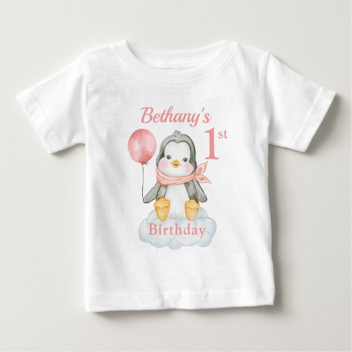 1st Birthday Penguin Pink Personalized Baby T_Shirt