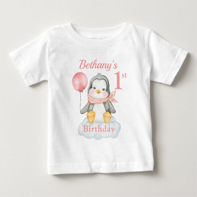 1st Birthday Penguin Pink Personalized Baby T-Shirt (Front)