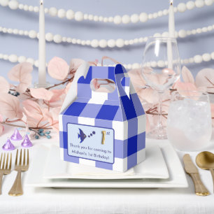 1st Birthday Photo Blue Gingham Fish Gold Foil Favor Boxes