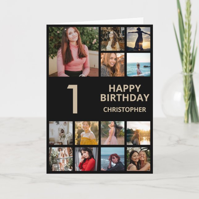 1st Birthday Photo Collage 13 Photos Black & Gold Card (Front)