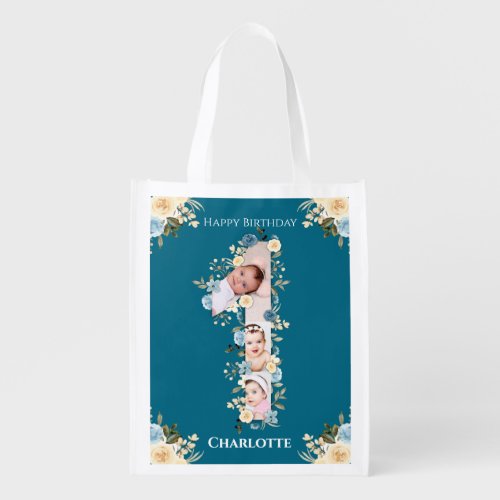 1st Birthday Photo Collage Blue Yellow Flower Teal Grocery Bag