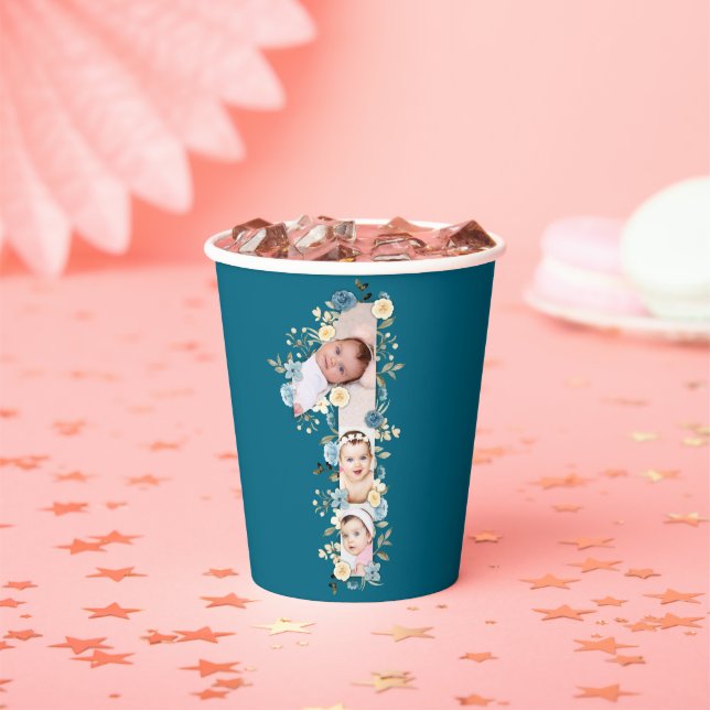 1st Birthday Photo Collage Blue Yellow Flower Teal Paper Cups (Insitu)