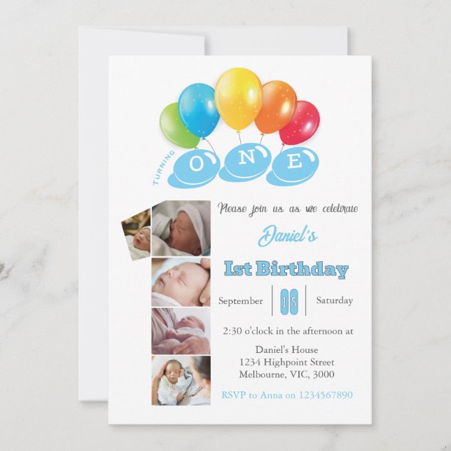 1st birthday photo collage number 1 Boy Invitation (Front)
