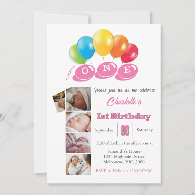 1st birthday photo collage number 1 Girl Invitation (Front)