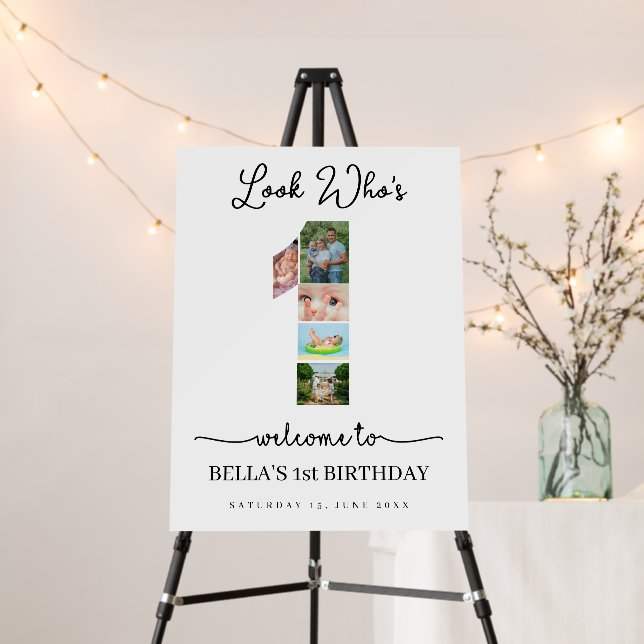 1st Birthday Photo Collage Sign Custom Number 1  (In Situ (Stand))