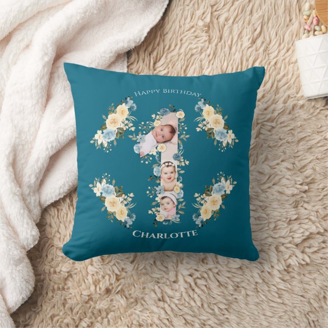 1st Birthday Photo Collage Teal Blue Yellow Flower Throw Pillow (Blanket)