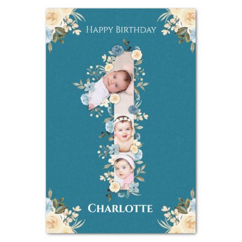 1st Birthday Photo Collage Teal Blue Yellow Flower Tissue Paper