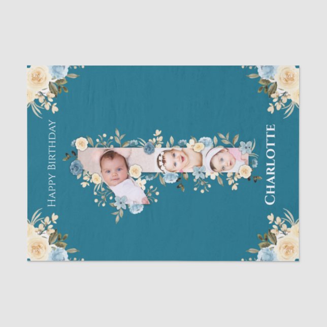 1st Birthday Photo Collage Teal Blue Yellow Flower Tissue Paper (Front)