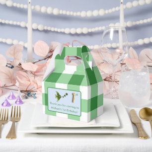 1st Birthday Photo Green Gingham Fish Gold Foil Favor Boxes
