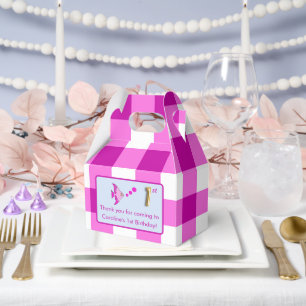 1st Birthday Photo Pink Gingham Fish Gold Foil Favor Boxes