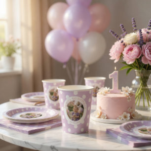 1st Birthday Photo & Purple Polka Dot Paper Cups