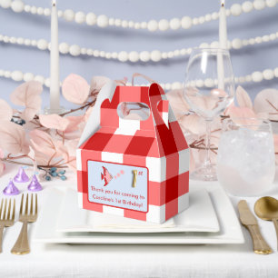 1st Birthday Photo Red Gingham Fish Gold Foil Favor Boxes