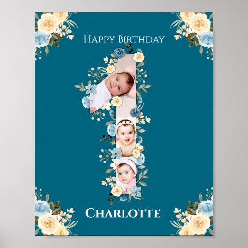 1st Birthday Photo Teal Collage Blue Yellow Flower Poster