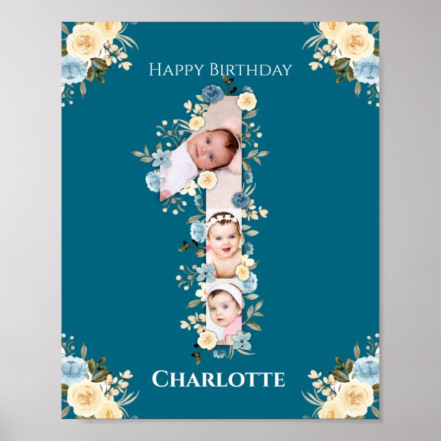 1st Birthday Photo Teal Collage Blue Yellow Flower Poster (Front)