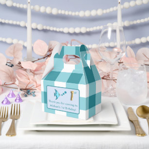 1st Birthday Photo Teal Gingham Fish Gold Foil Favor Boxes