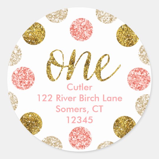 1st Birthday Pink And Gold Glitter Address Classic Round Sticker