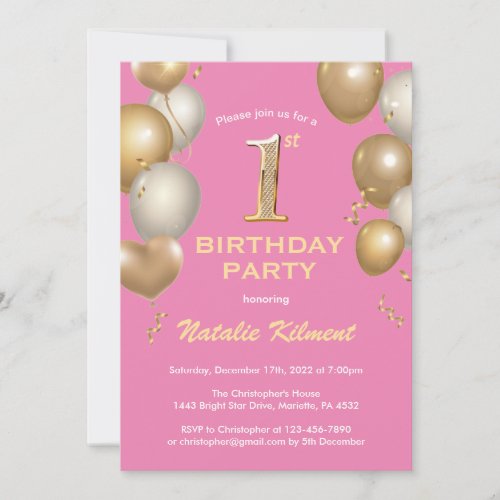 1st Birthday Pink and Gold Glitter Balloons Invitation