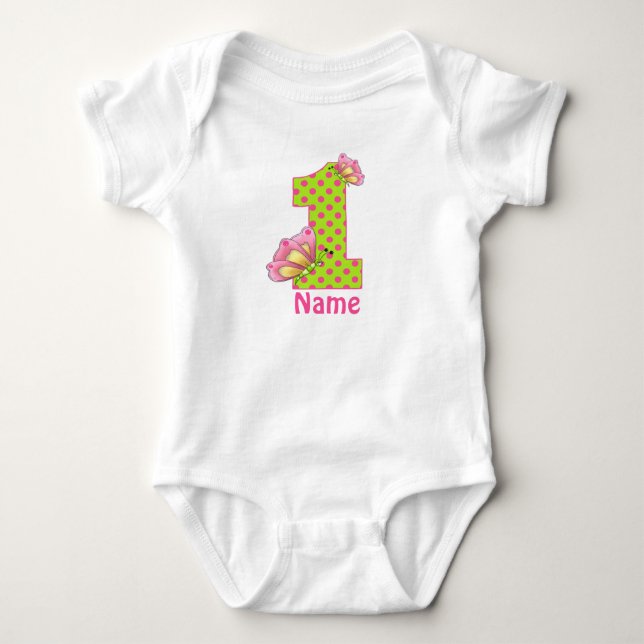 1st Birthday Pink and Green Butterfly Personalized Baby Bodysuit (Front)