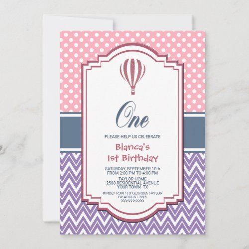 1st Birthday Pink and Lavender Hot Air Balloon Invitation